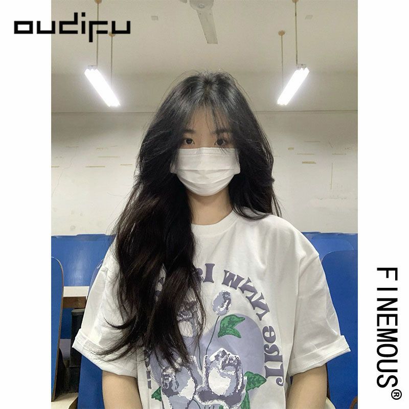 OUDIFU100%純棉短袖重磅t恤女寬鬆夏季新款小眾百搭甜美上衣ins潮