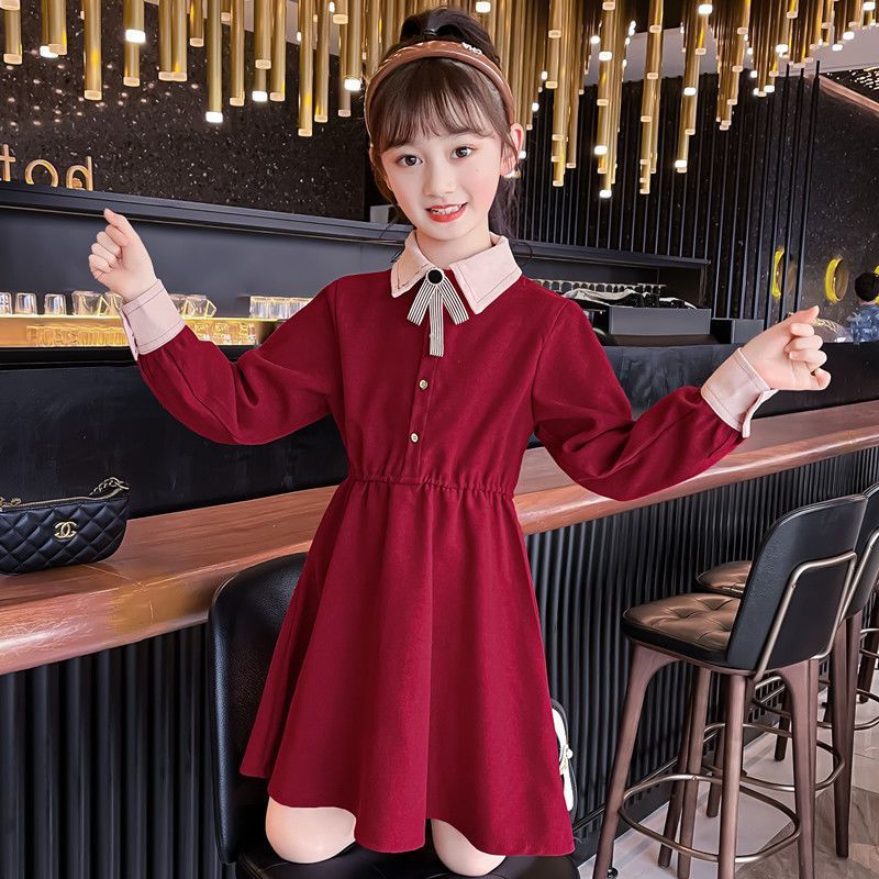 Girls' Autumn Dress Elegant Lady Style Spliced ​​Color Loose Version