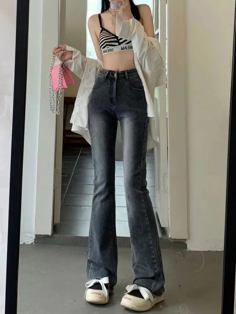 高腰辣妹黑灰色牛仔褲女秋季新款高個子百搭彈力顯瘦微喇叭褲子