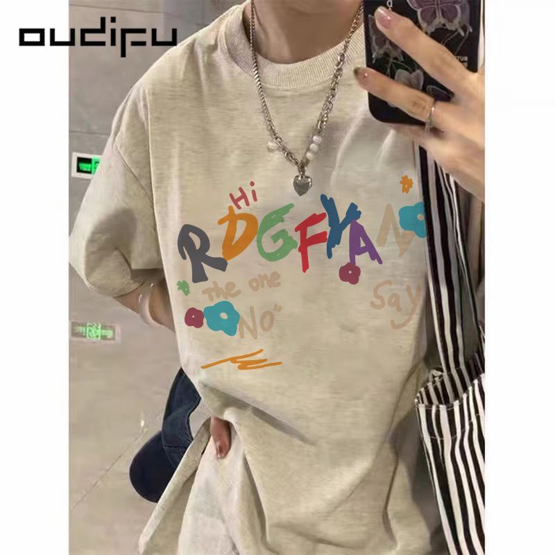 OUDIFU100%純棉短袖t恤女寬鬆夏季新款百搭慵懶風小眾美式上衣ins