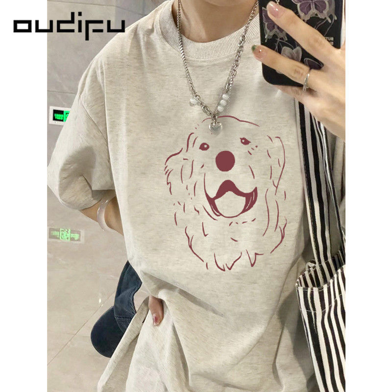 OUDIFU100%純棉重磅短袖t恤女寬鬆夏季款法式慵懶風小眾學生上衣