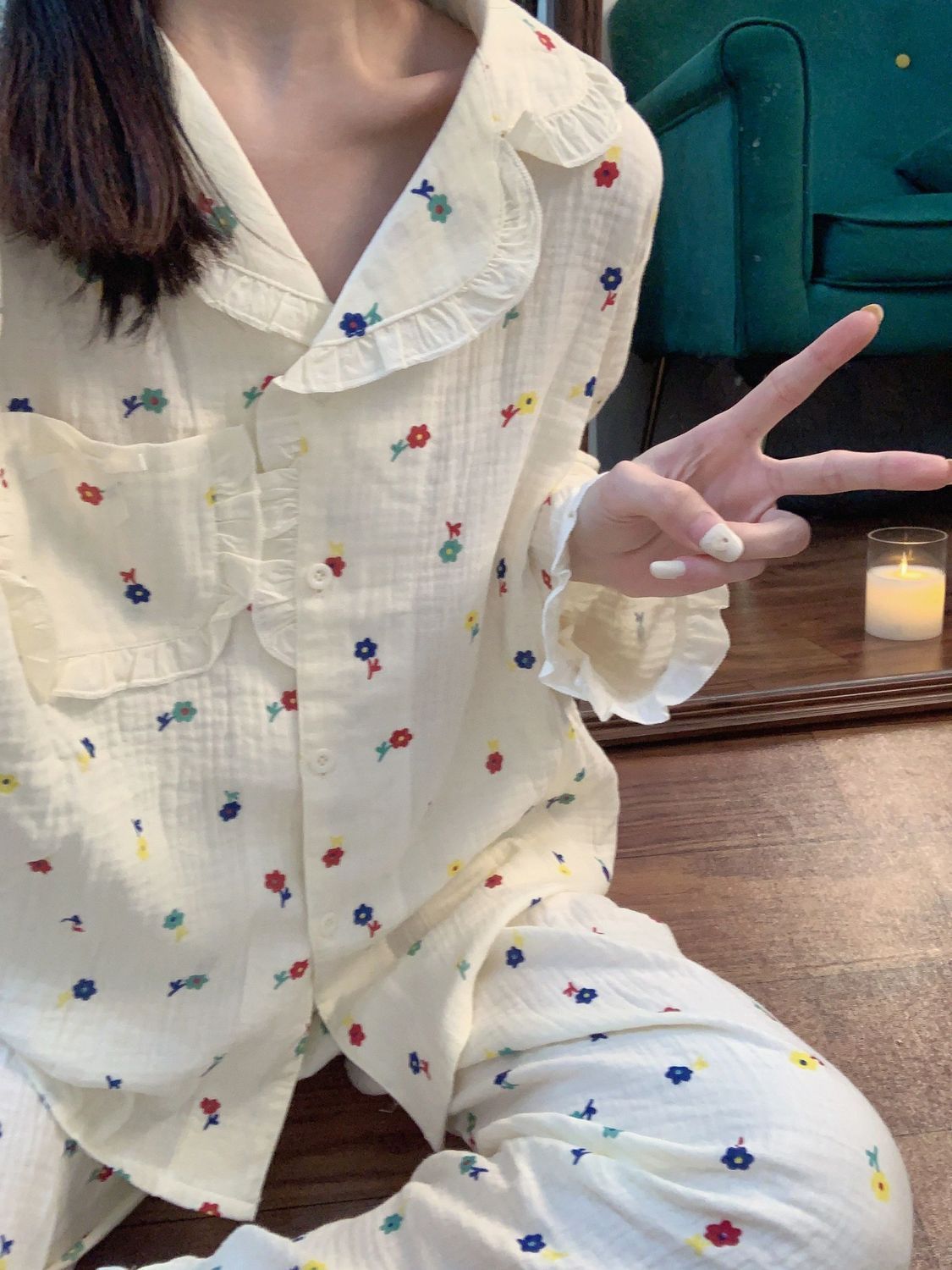 ins風甜美彩色花睡衣女春秋季日系長袖長褲學生可外穿家居服套裝
