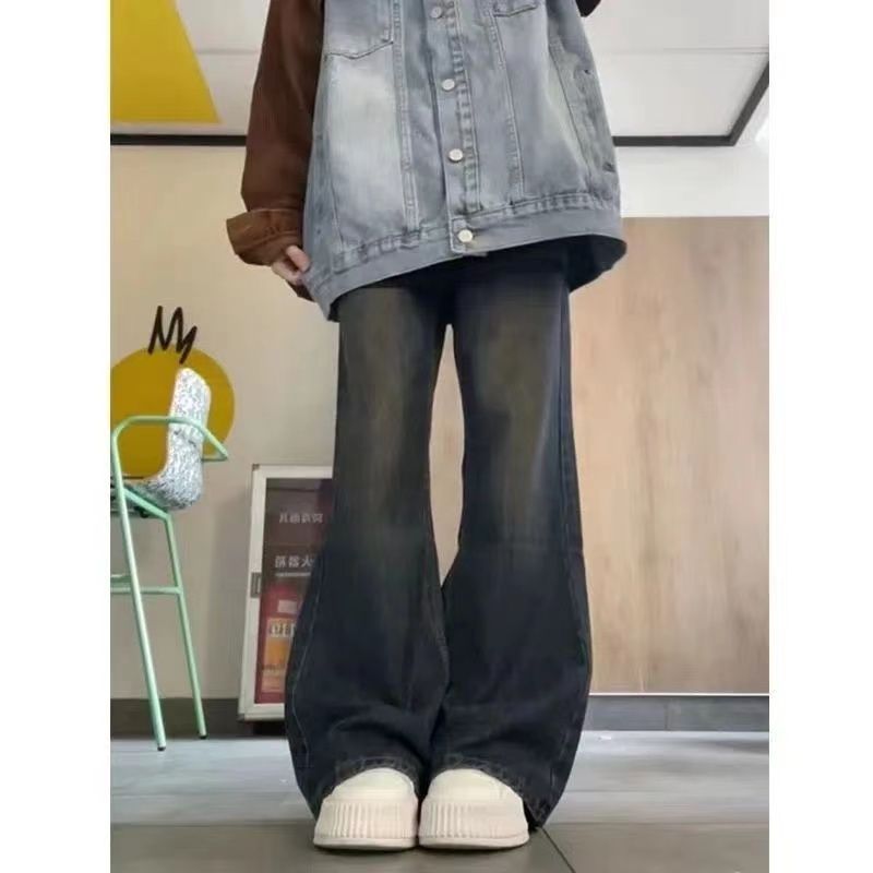 韓式高腰牛仔褲女2023秋冬新款梨形身材寬鬆顯瘦小個子垂感闊腿褲