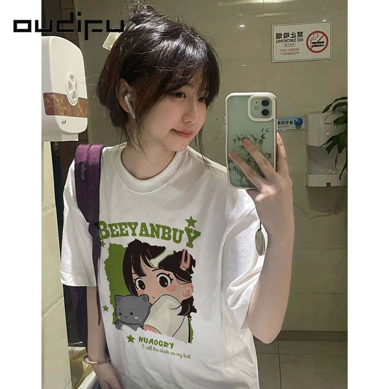 OUDIFU100%純棉短袖t恤女寬鬆高級感小眾夏季新款百搭上衣ins潮牌
