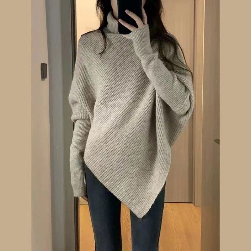 不規則高領毛衣女秋冬季新款韓系溫柔韓系慵懶風加厚針織上衣女裝