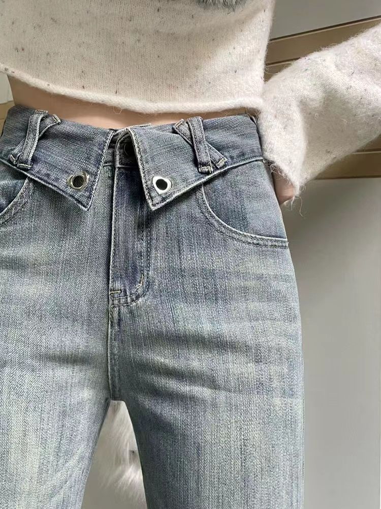 美式高街vibe微喇叭牛仔褲女秋季新款高腰翻邊設計感修身顯瘦長褲