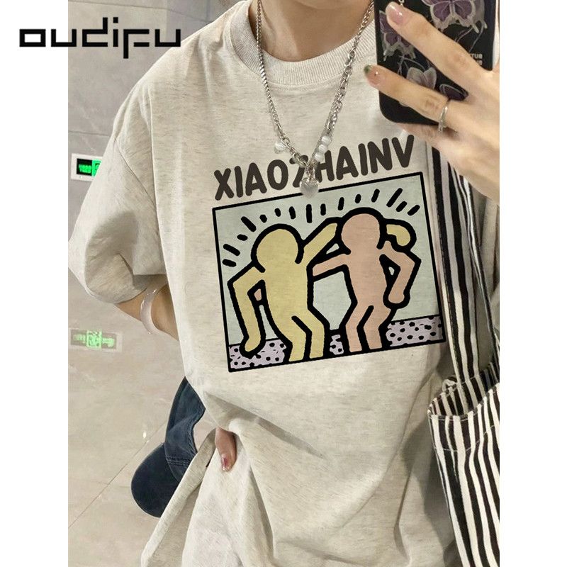 OUDIFU100%純棉美式短袖t恤女夏季新款中長款小眾半袖ins百搭上衣