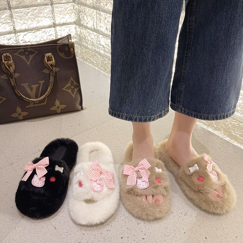 Thick-soled cotton slippers for women for autumn and winter outer wear  new internet celebrity office bow-knot toe fur slippers for women