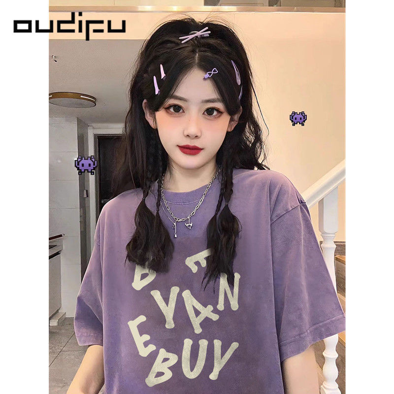 OUDIFU100%純棉多巴胺短袖紫色t恤女寬鬆夏季新款小眾復古上衣ins
