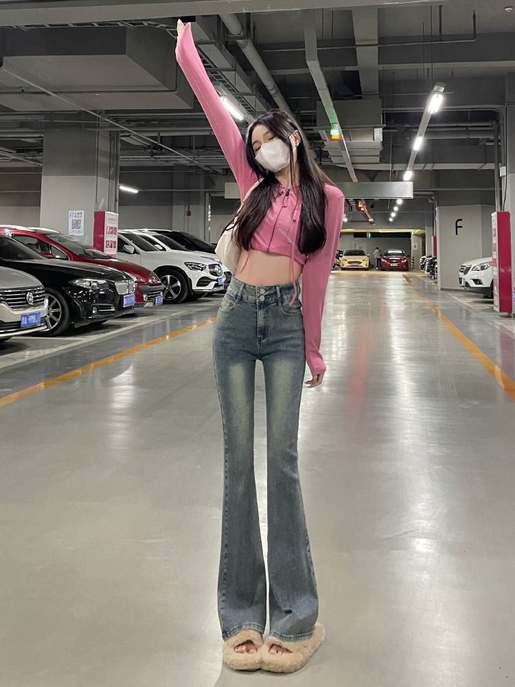YSYOURS水洗復古微喇叭牛仔褲女春秋高腰顯瘦修身彈力小個子褲子