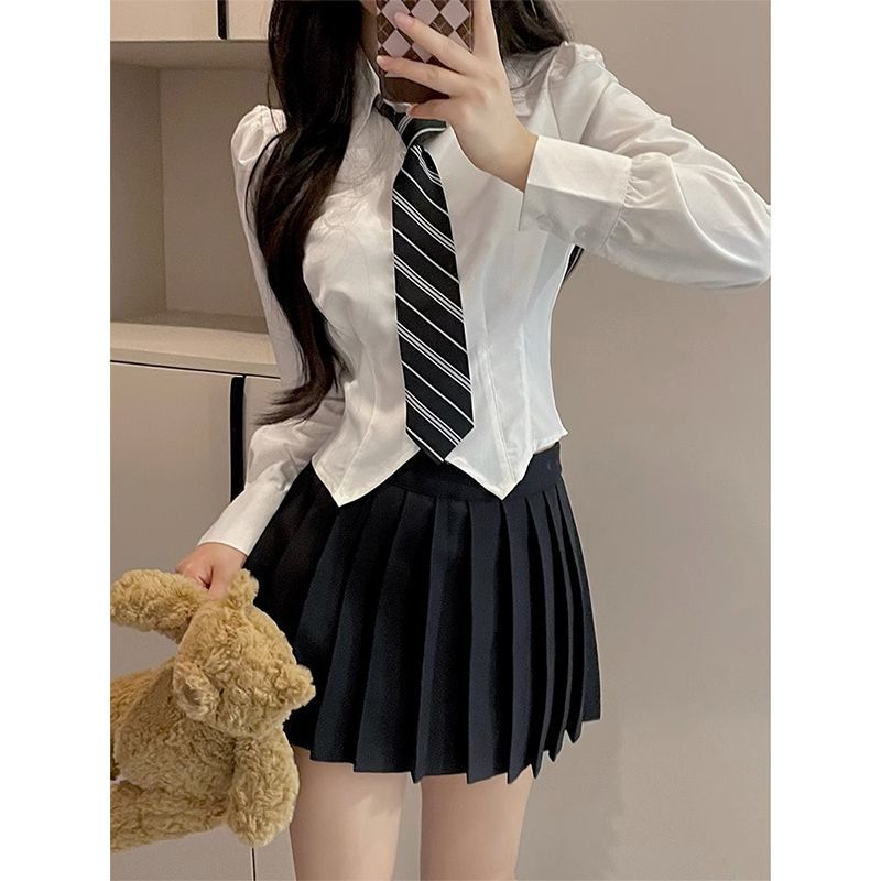 領帶JK制服白色襯衫女春秋長袖短款不規則襯衣學院風顯瘦收腰上衣