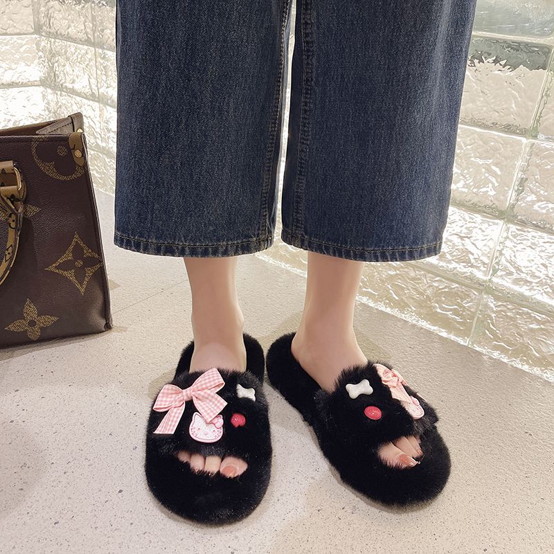 Thick-soled cotton slippers for women for autumn and winter outer wear  new internet celebrity office bow-knot toe fur slippers for women