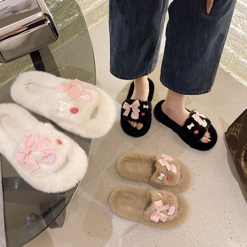 Thick-soled cotton slippers for women for autumn and winter outer wear  new internet celebrity office bow-knot toe fur slippers for women