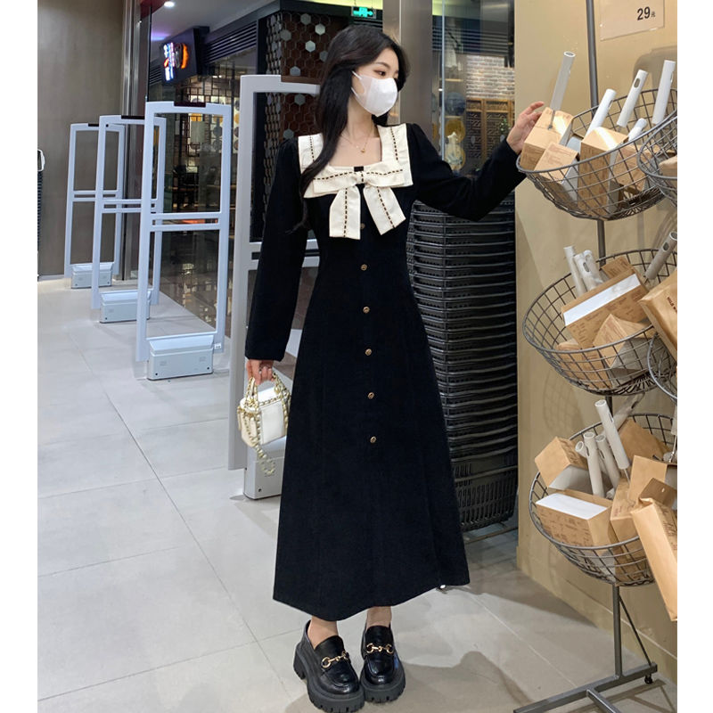 2023秋冬胖mm高腰蝴蝶結方口領長袖連衣裙女韓版時尚a字長裙子女