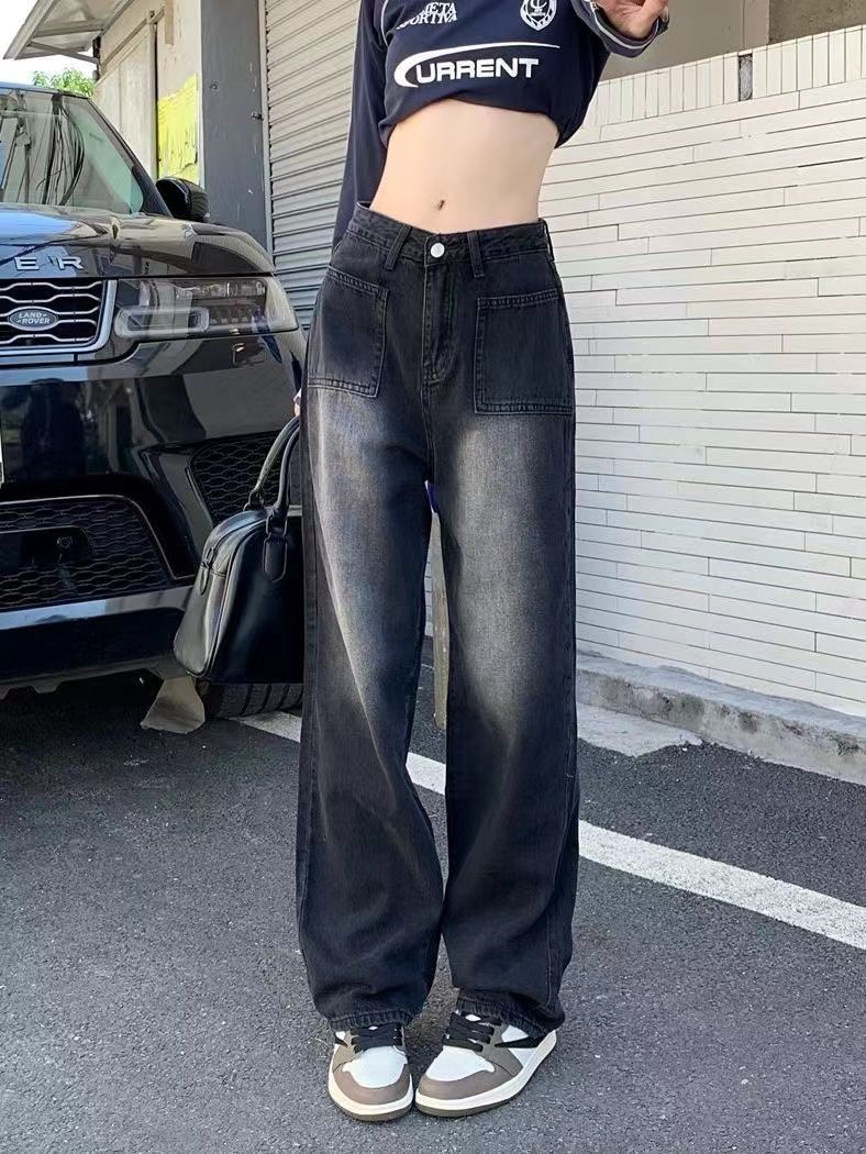美式ins復古直筒牛仔褲女秋季水洗黑色高腰寬鬆闊腿拖地褲高街潮