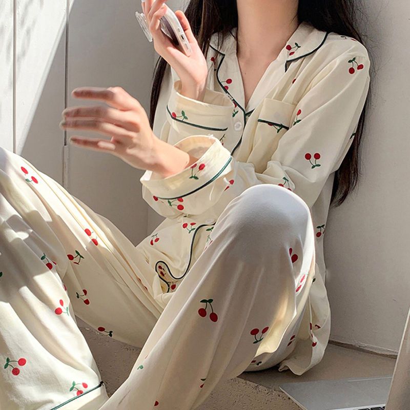 睡衣女春秋季新款開衫純棉ins風學生甜美長袖長褲寬鬆家居服套裝