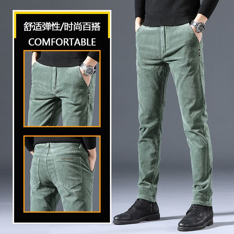 Woodpecker corduroy men's casual pants autumn and winter plus velvet thickened stretch trousers trendy versatile straight pants for men