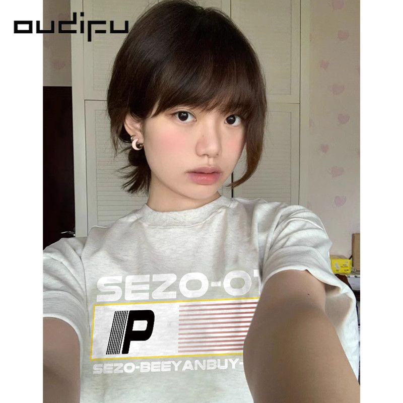 OUDIFU100%純棉短袖重磅美式t恤女寬鬆夏季新款高級感小眾上衣ins