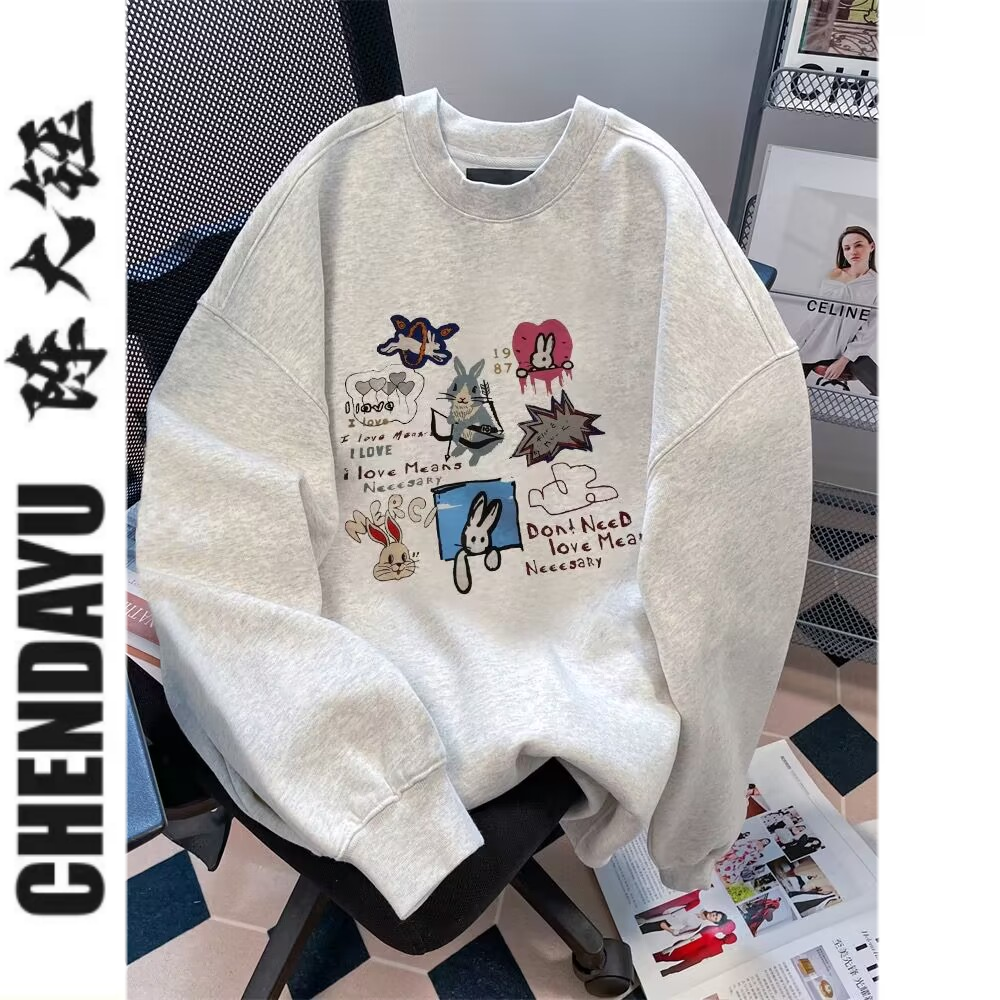 美式街頭復古塗鴉卡通兔子衛衣女春秋款情侶慵懶chic港味無帽上衣