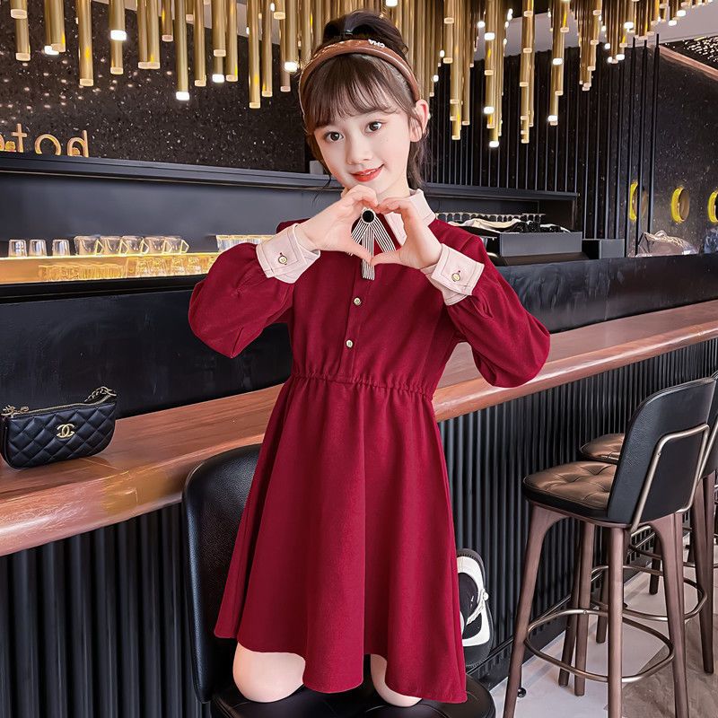 Girls' Autumn Dress Elegant Lady Style Spliced ​​Color Loose Version