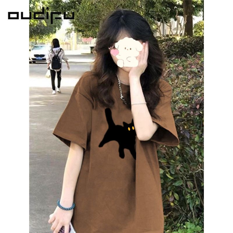 OUDIFU100%純棉美式復古重磅短袖t恤女寬鬆高級感夏季新款上衣ins