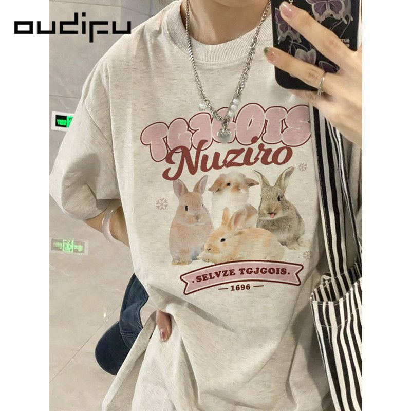 OUDIFU100%純棉夏季新款短袖t恤女寬鬆法式設計感小眾休閒上衣ins