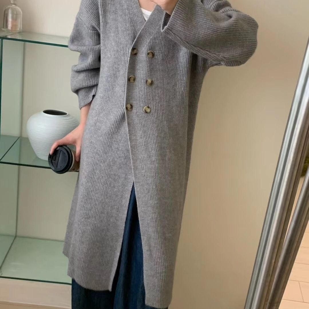韓版慵懶風毛衣開衫長款女秋季新款寬鬆不對稱設計感針織上衣外套