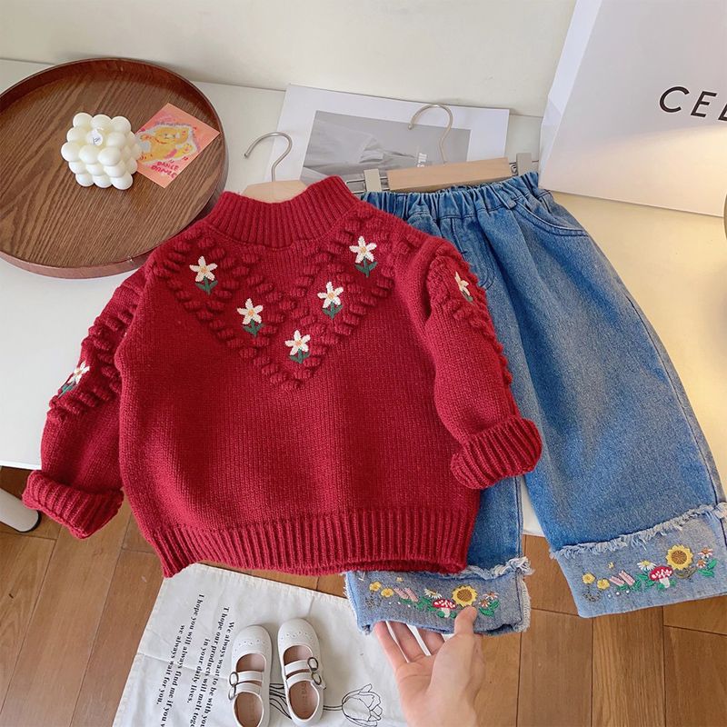 女童秋冬加厚刺繡聖誕毛衣2023新款韓版女寶寶洋氣花朵新年衣服潮