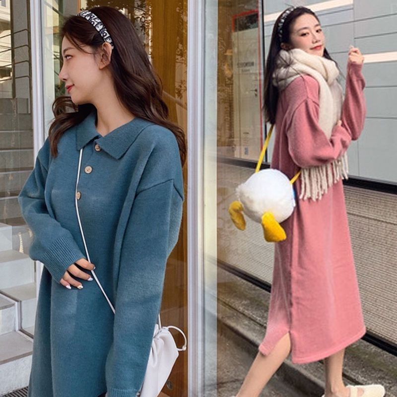 Polo collar mid-length small bottoming inner knitted dress women's new autumn and winter loose outer sweater dress