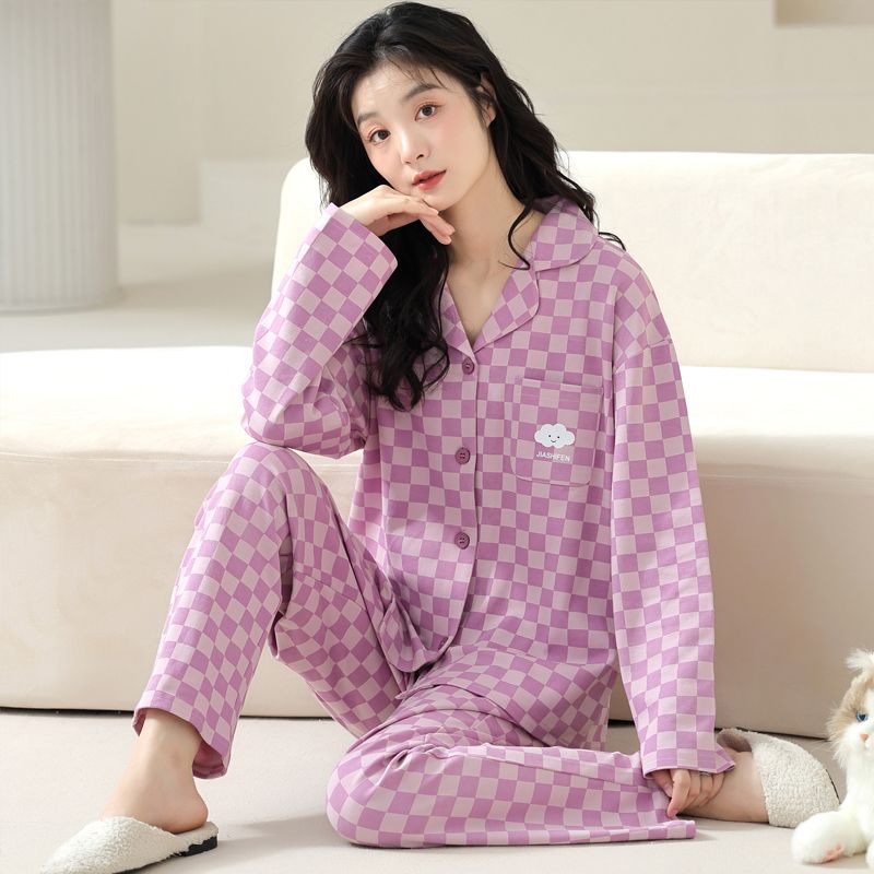 高檔新款100% 純棉睡衣女長袖春秋季韓版翻領開衫全棉家居服套裝