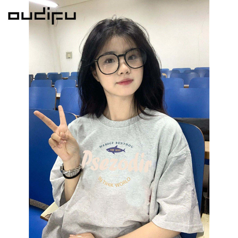 OUDIFU100%纯棉短袖t恤女夏季新款宽松高级感美式复古小众上衣ins