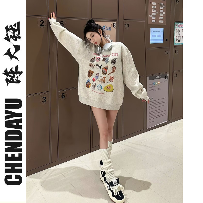 秋季新款貓咪印花甜美風圓領長袖衛衣美式復古衛衣女寬鬆情侶上衣
