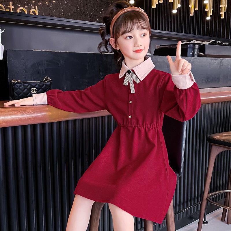 Girls' Autumn Dress Elegant Lady Style Spliced ​​Color Loose Version