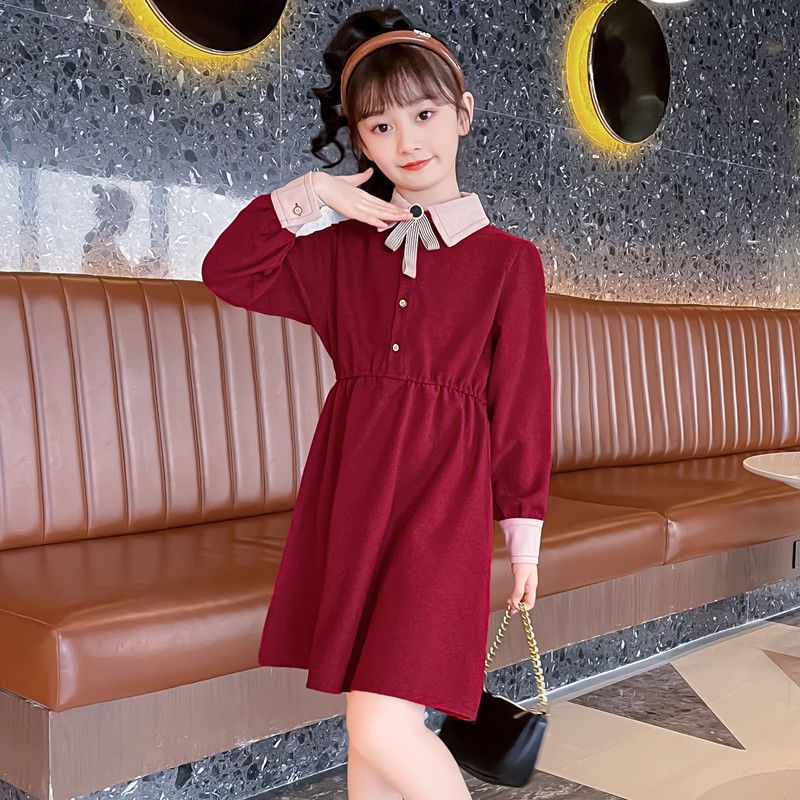 Girls' Autumn Dress Elegant Lady Style Spliced ​​Color Loose Version