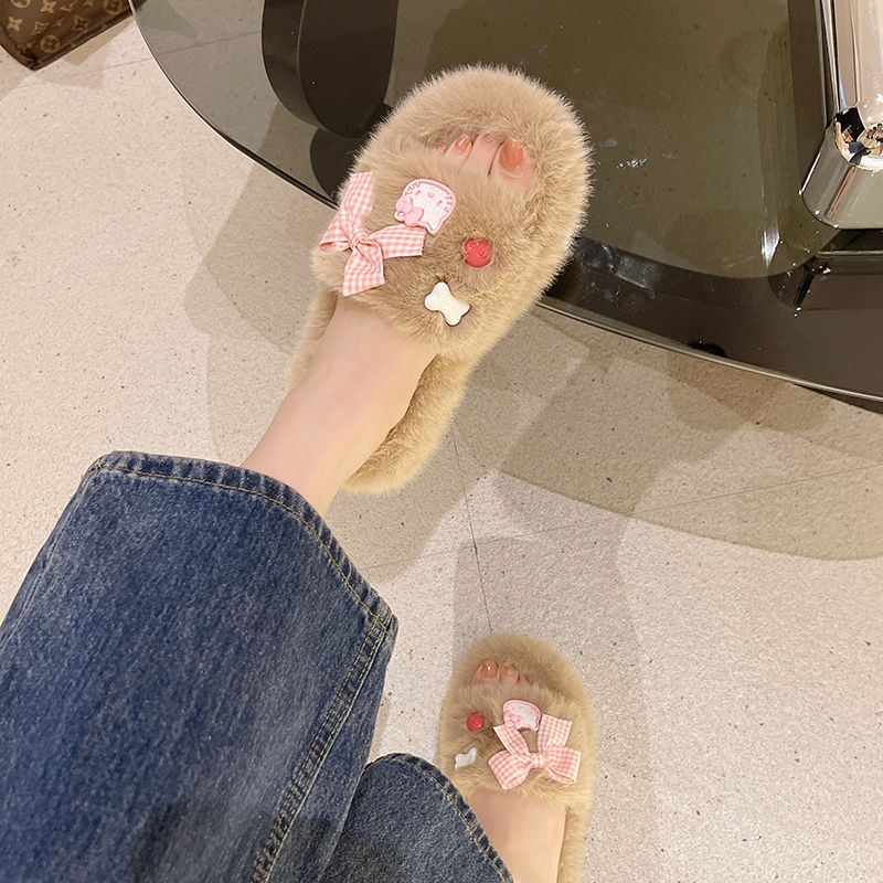 Thick-soled cotton slippers for women for autumn and winter outer wear  new internet celebrity office bow-knot toe fur slippers for women