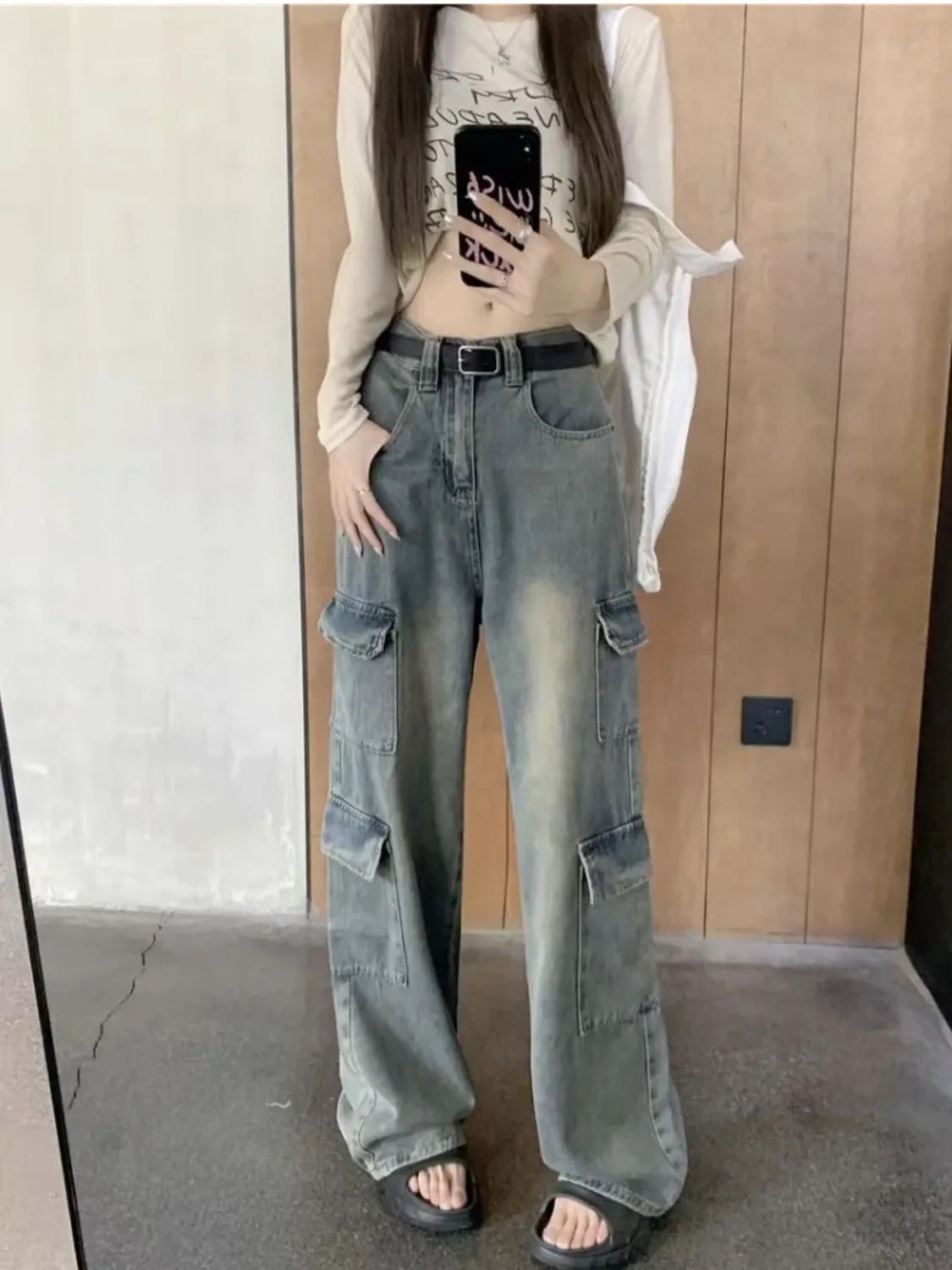 American retro workwear jeans for women in autumn new style loose high-waisted slim straight wide-leg pants floor-length trousers