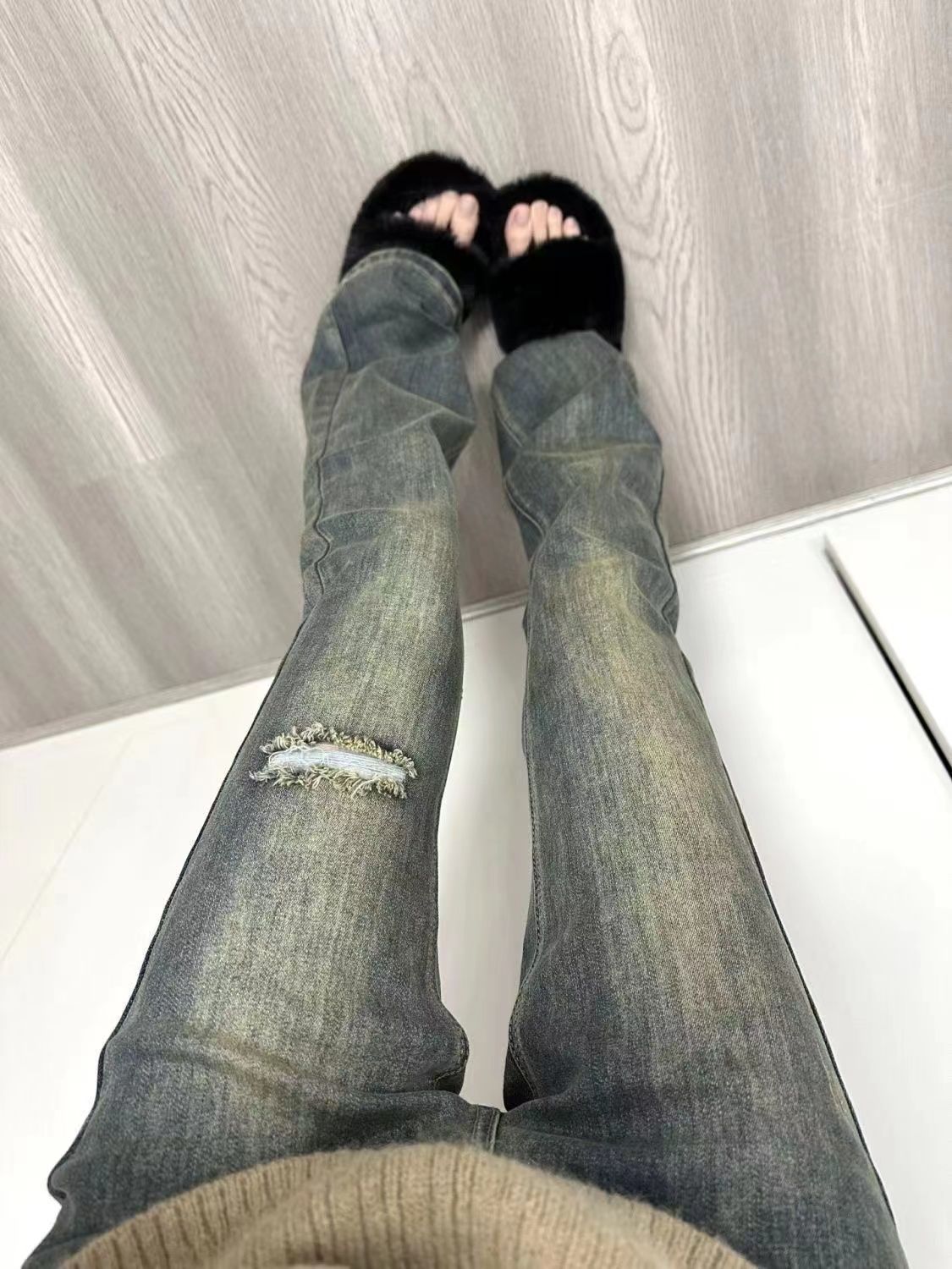 美式辣妹復古破洞微喇牛仔褲女秋季小個子高腰顯瘦彈性修身直筒褲