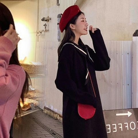 Polo collar mid-length small bottoming inner knitted dress women's new autumn and winter loose outer sweater dress