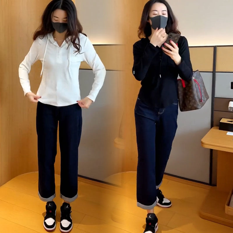 藍海奕諾短款連帽衛衣九分牛仔直筒褲套裝女2023秋新款顯瘦兩件套