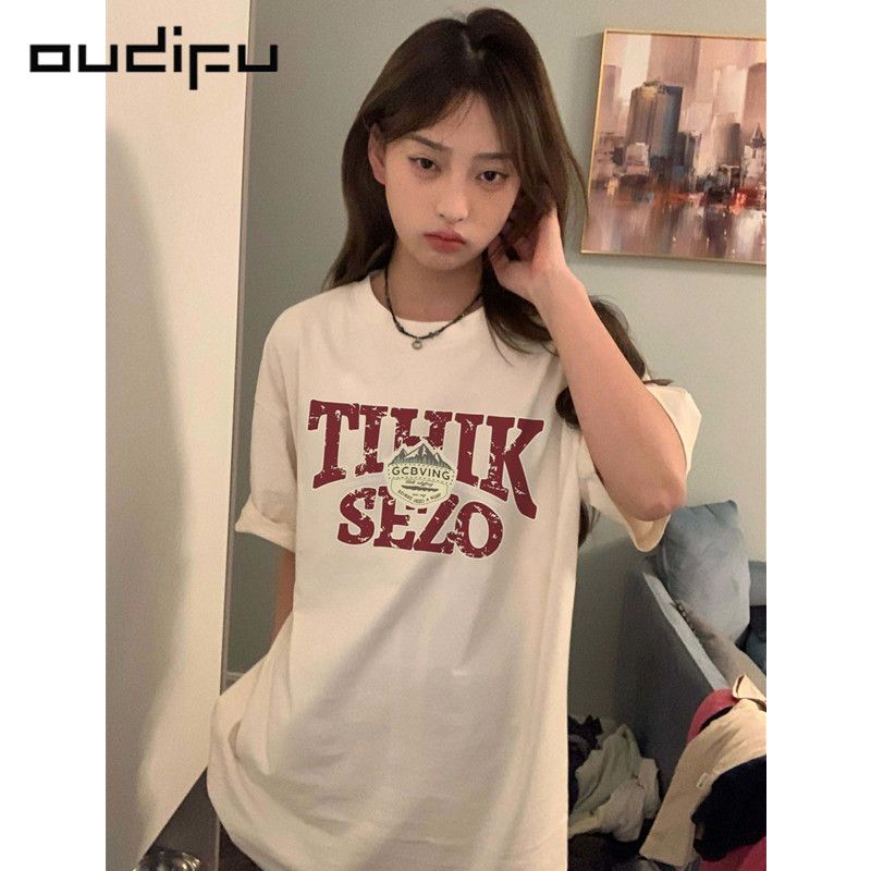 OUDIFU100%純棉短袖t恤女寬鬆夏季新款法式慵懶風小眾潮牌上衣ins