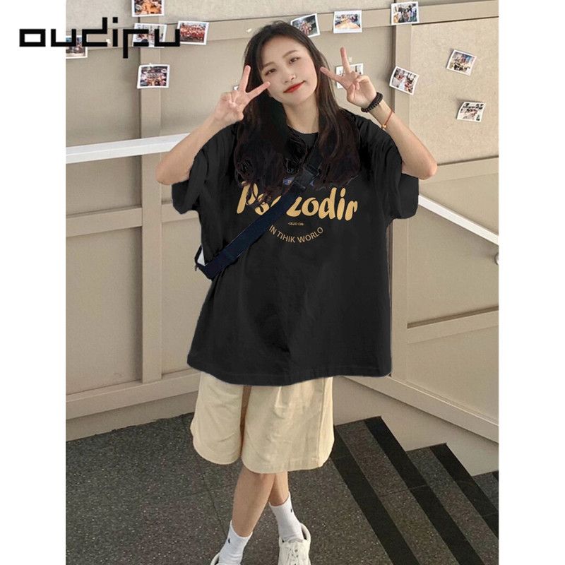 OUDIFU100%純棉短袖t恤女寬鬆夏季新款小眾復古高級感ins美式上衣