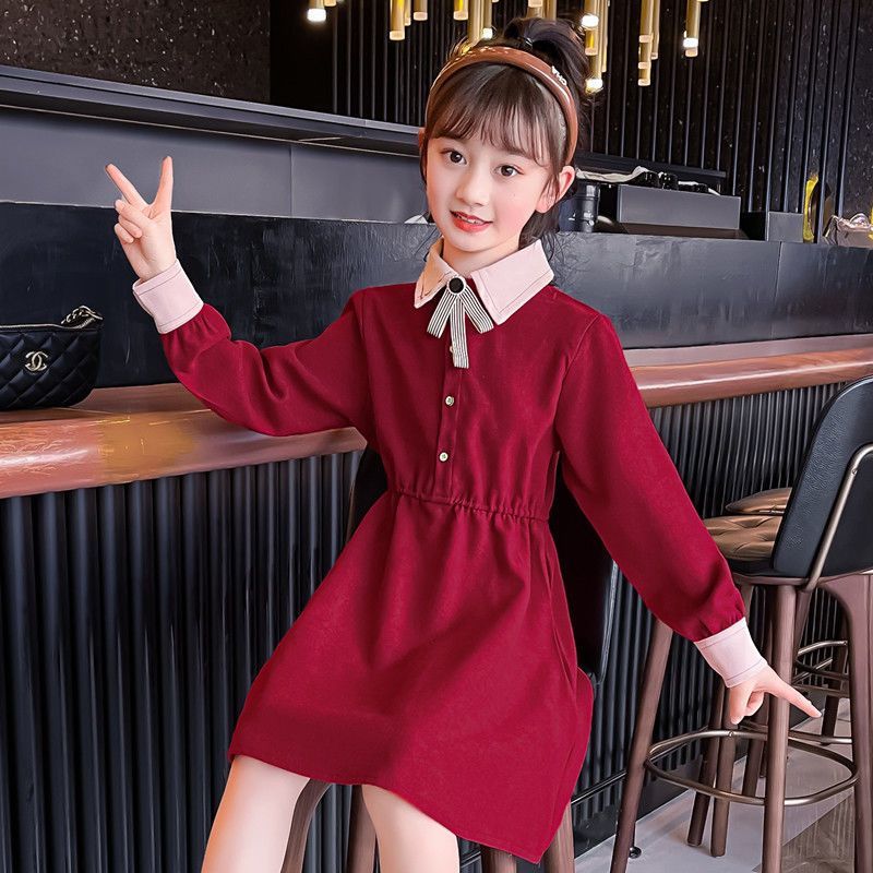 Girls' Autumn Dress Elegant Lady Style Spliced ​​Color Loose Version