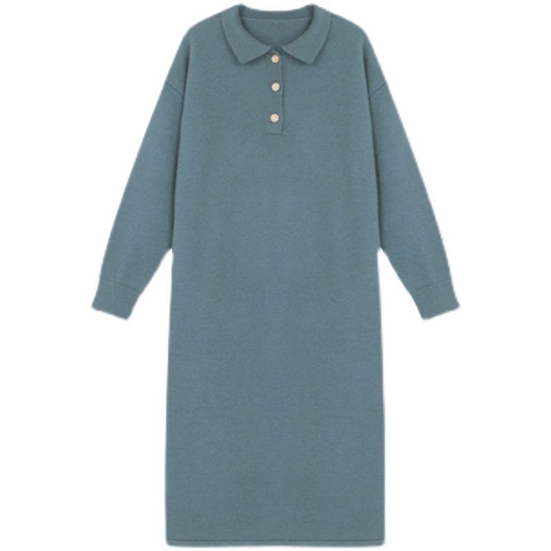 Polo collar mid-length small bottoming inner knitted dress women's new autumn and winter loose outer sweater dress