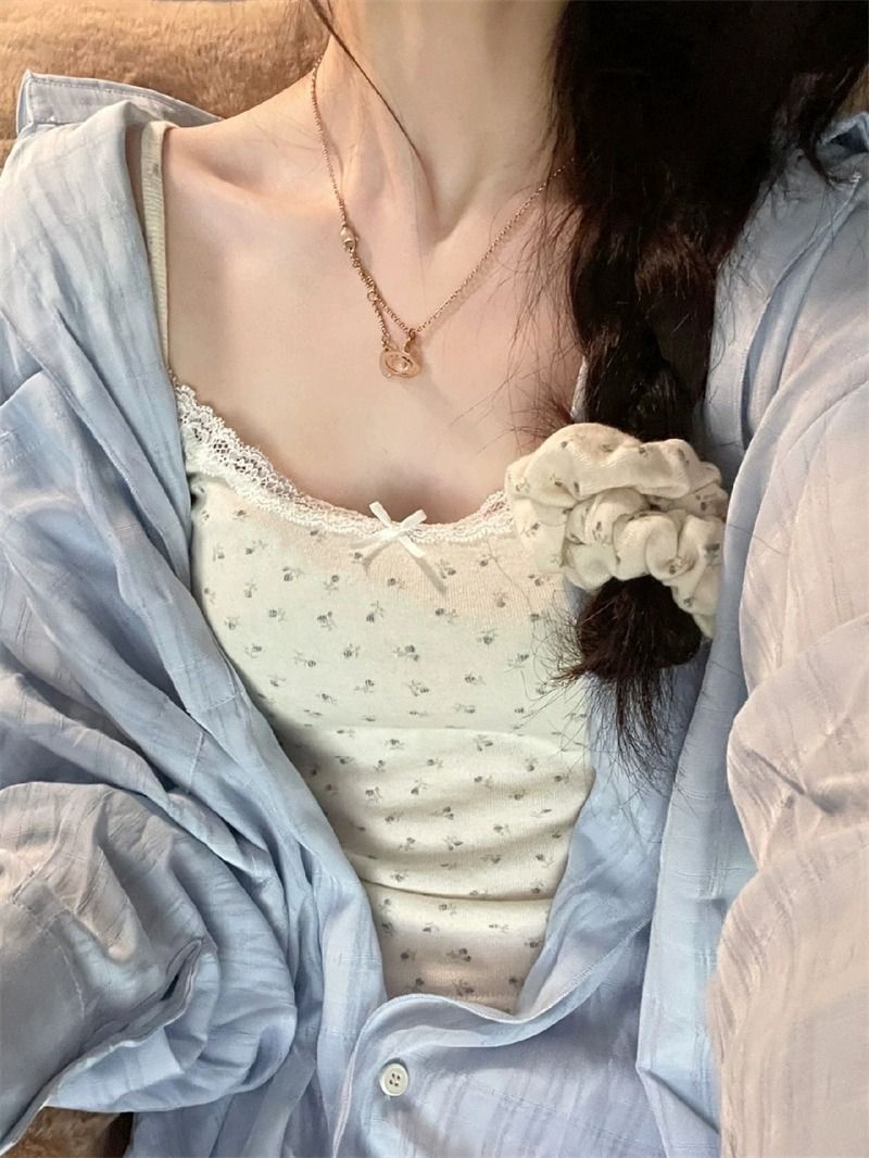 藍色冰塊暗格肌理防曬襯衫長袖襯衣女夏秋寬鬆休閒慵懶上衣