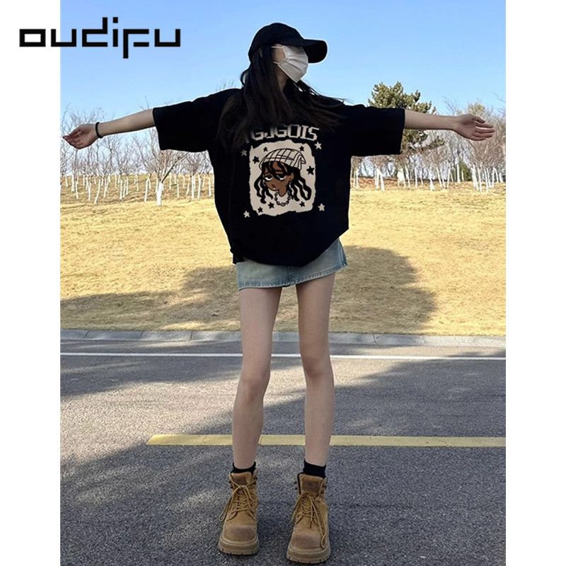 OUDIFU100%純棉短袖t恤女美式復古夏季新款高街顯瘦百搭上衣ins潮