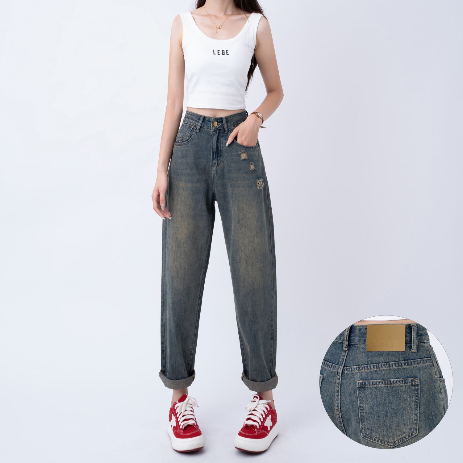復古哈倫牛仔褲女2023新款秋季高腰寬鬆磨破顯瘦小個子九分老爹褲