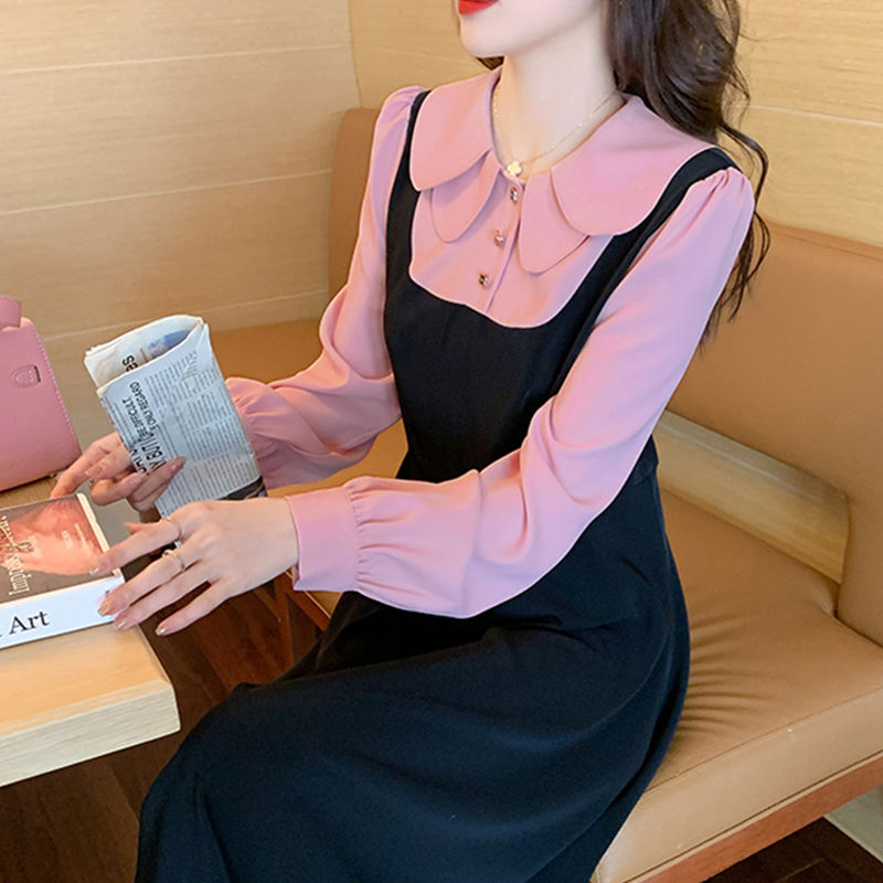 2023新款法式秋冬設計感假兩件娃娃領高貴連衣裙女收腰顯瘦長裙