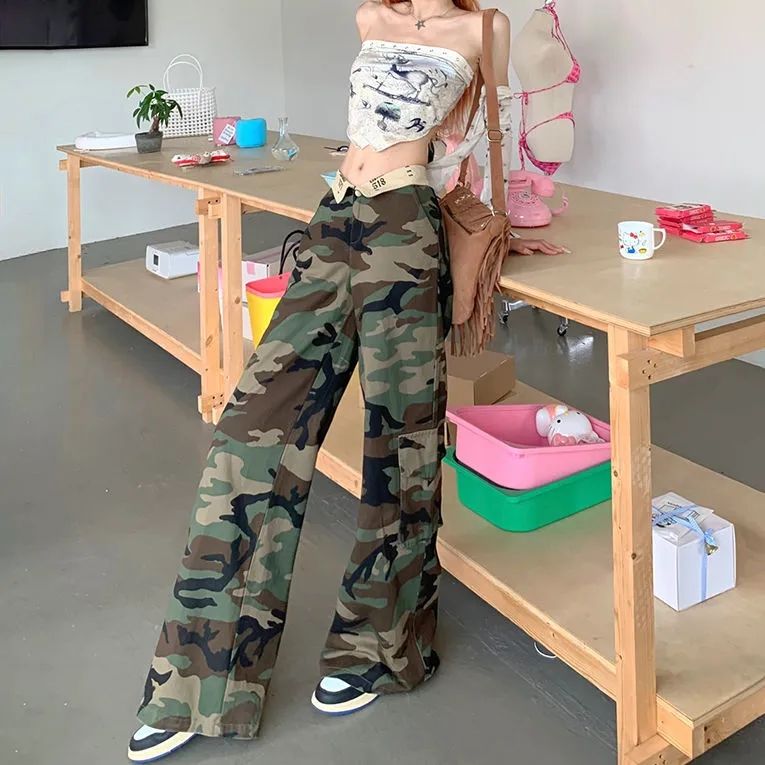 翻邊腰頭刺繡美式迷彩工裝褲女2023新款復古辣妹寬鬆闊腿褲牛仔褲