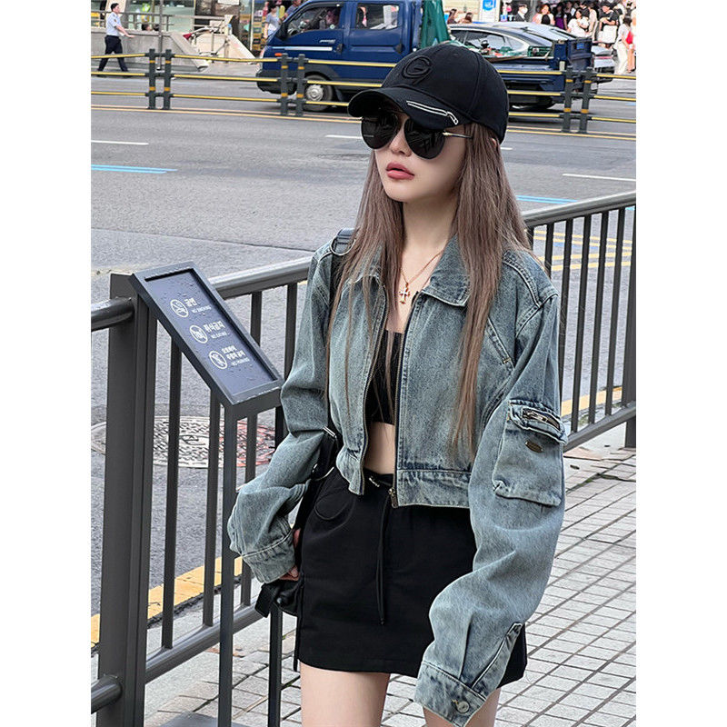 GRACECHOW-23FW周揚青 美式復古短款牛仔外套女秋設計感斜紋夾克