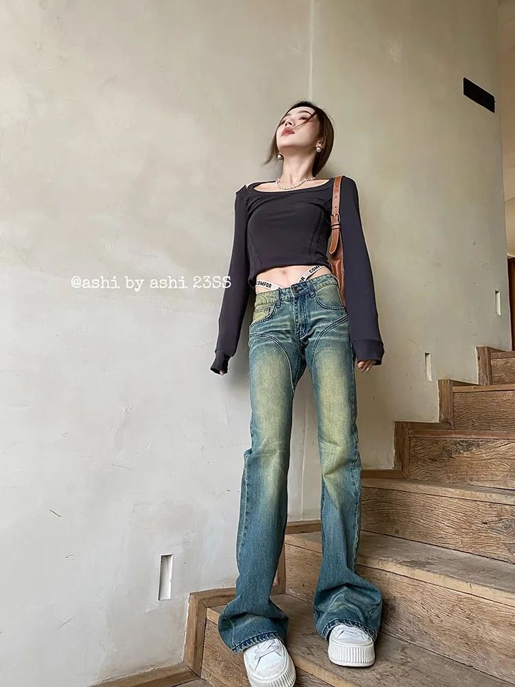 歐美高街辣妹低腰微喇叭牛仔褲女春秋新款直筒顯瘦闊腿拖地褲子潮